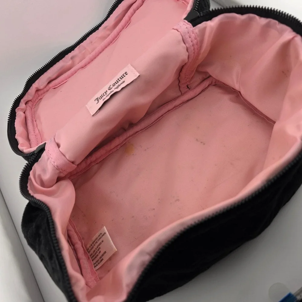 Juicy Couture Black Velour Cosmetic Makeup Bag Zipper Top Handle‎ AS IS